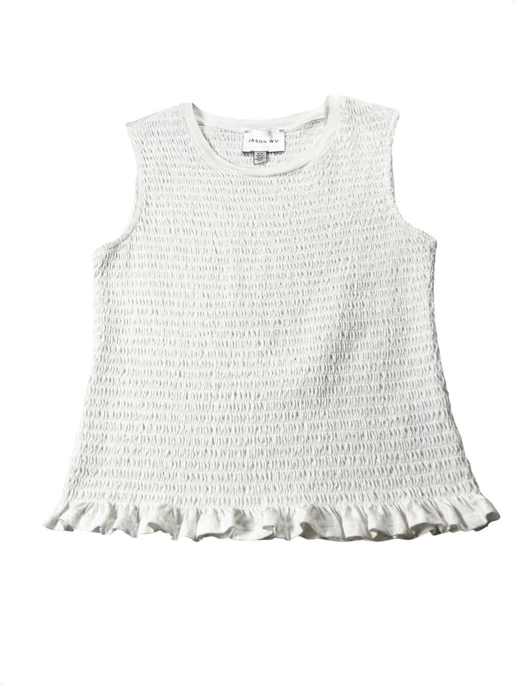 Jason Wu White Smocked Sleeveless Ruffle Hem Cotton Top Size Medium